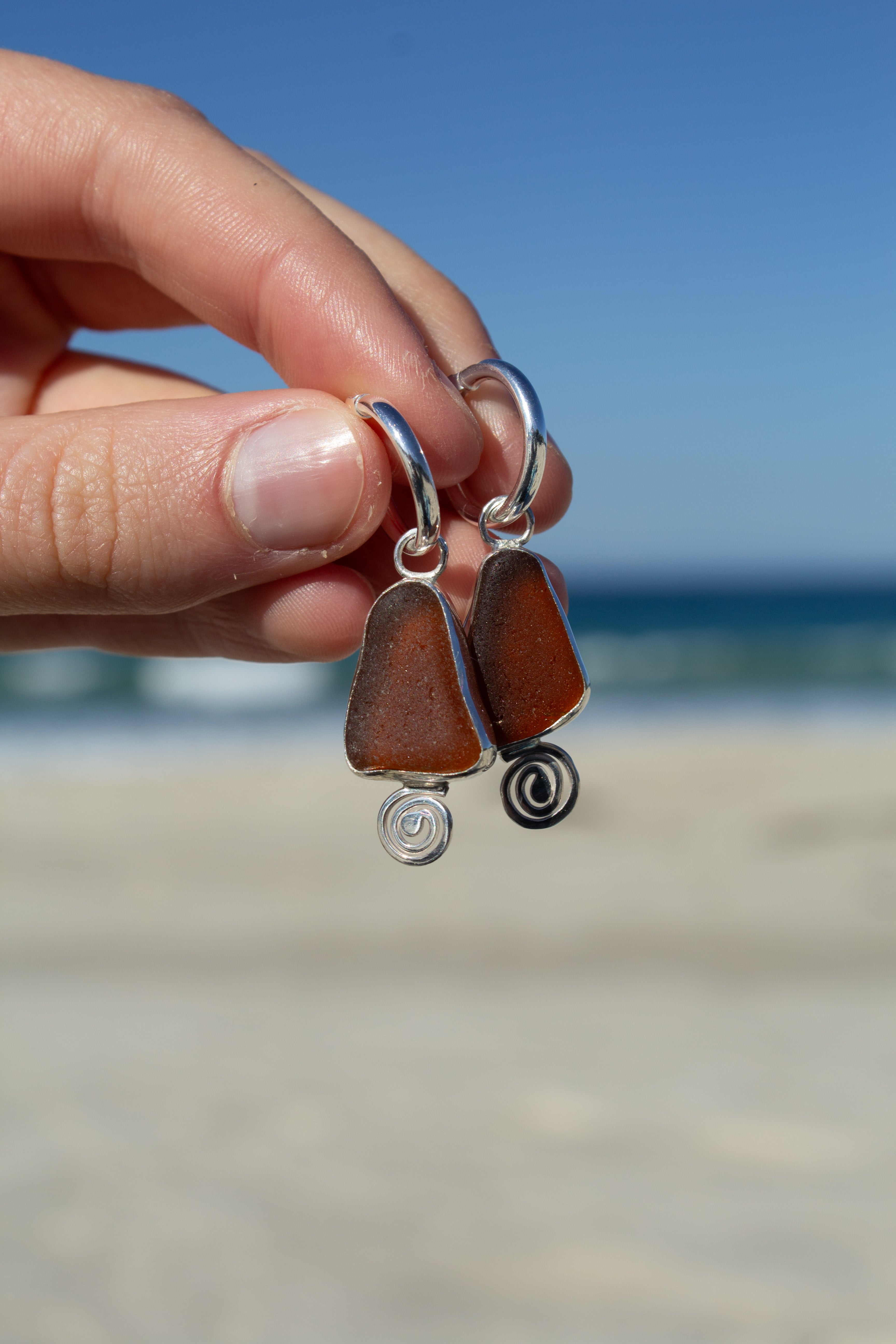 Brown Seaglass Huggies ￼