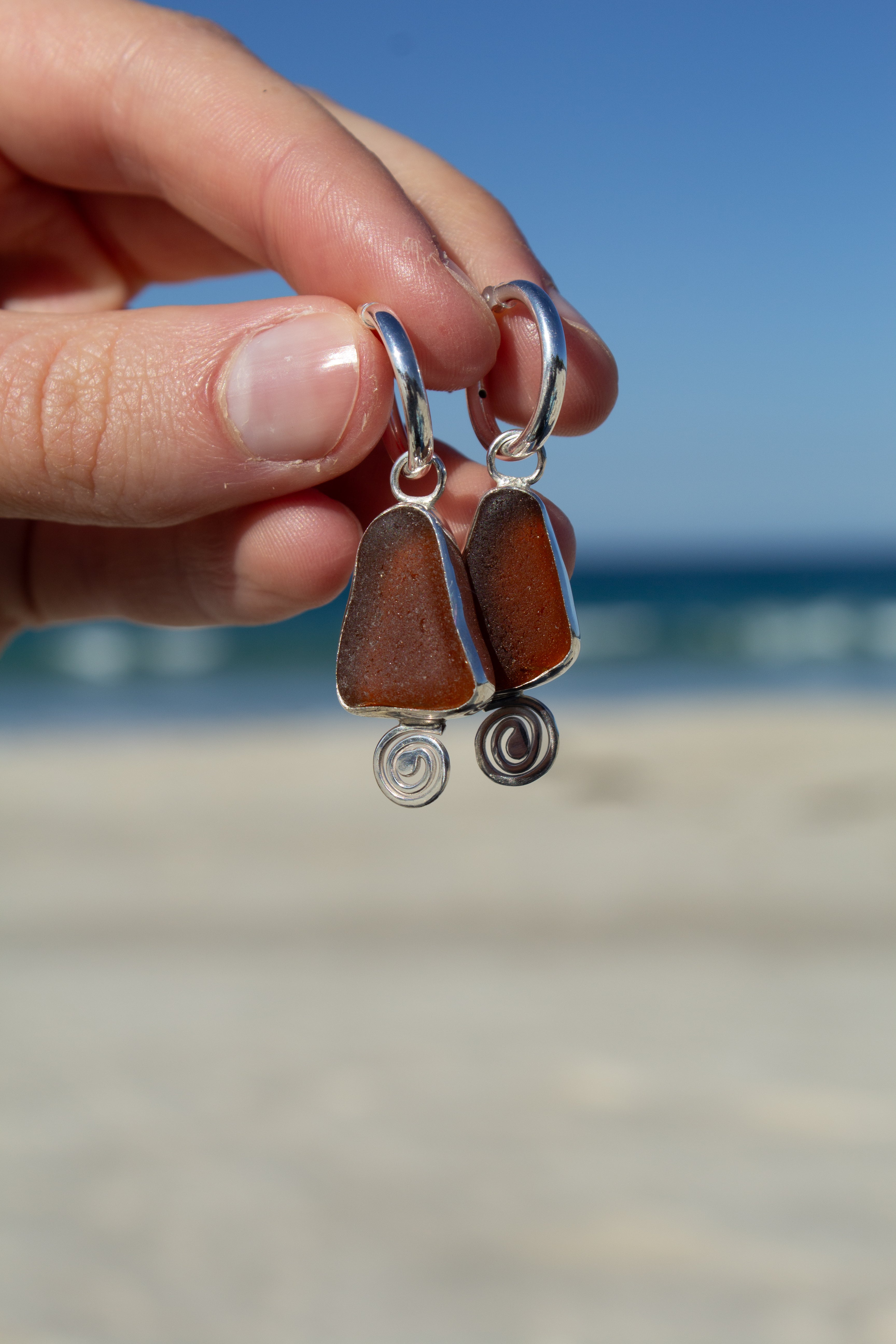 Brown Seaglass Huggies ￼