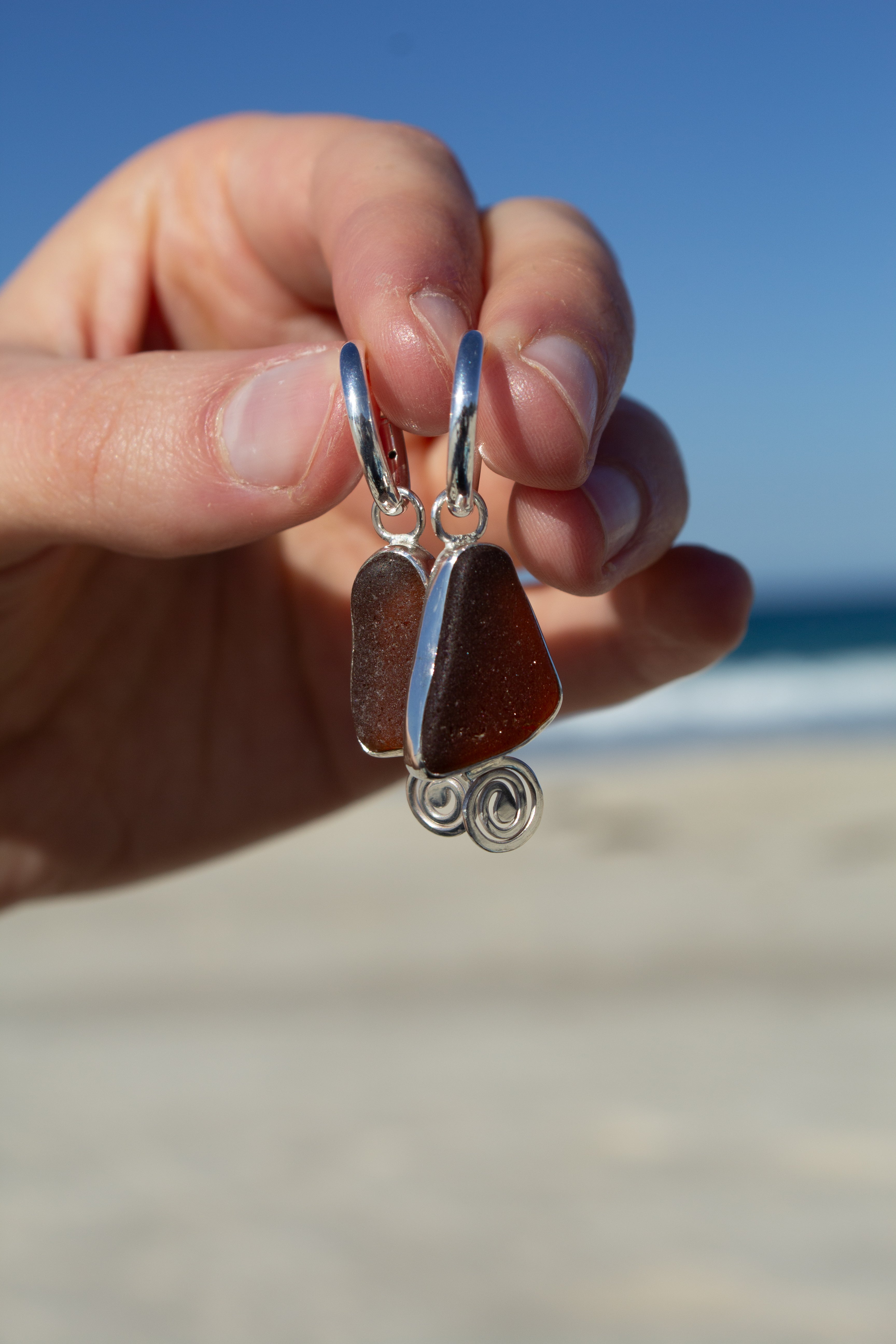 Brown Seaglass Huggies ￼