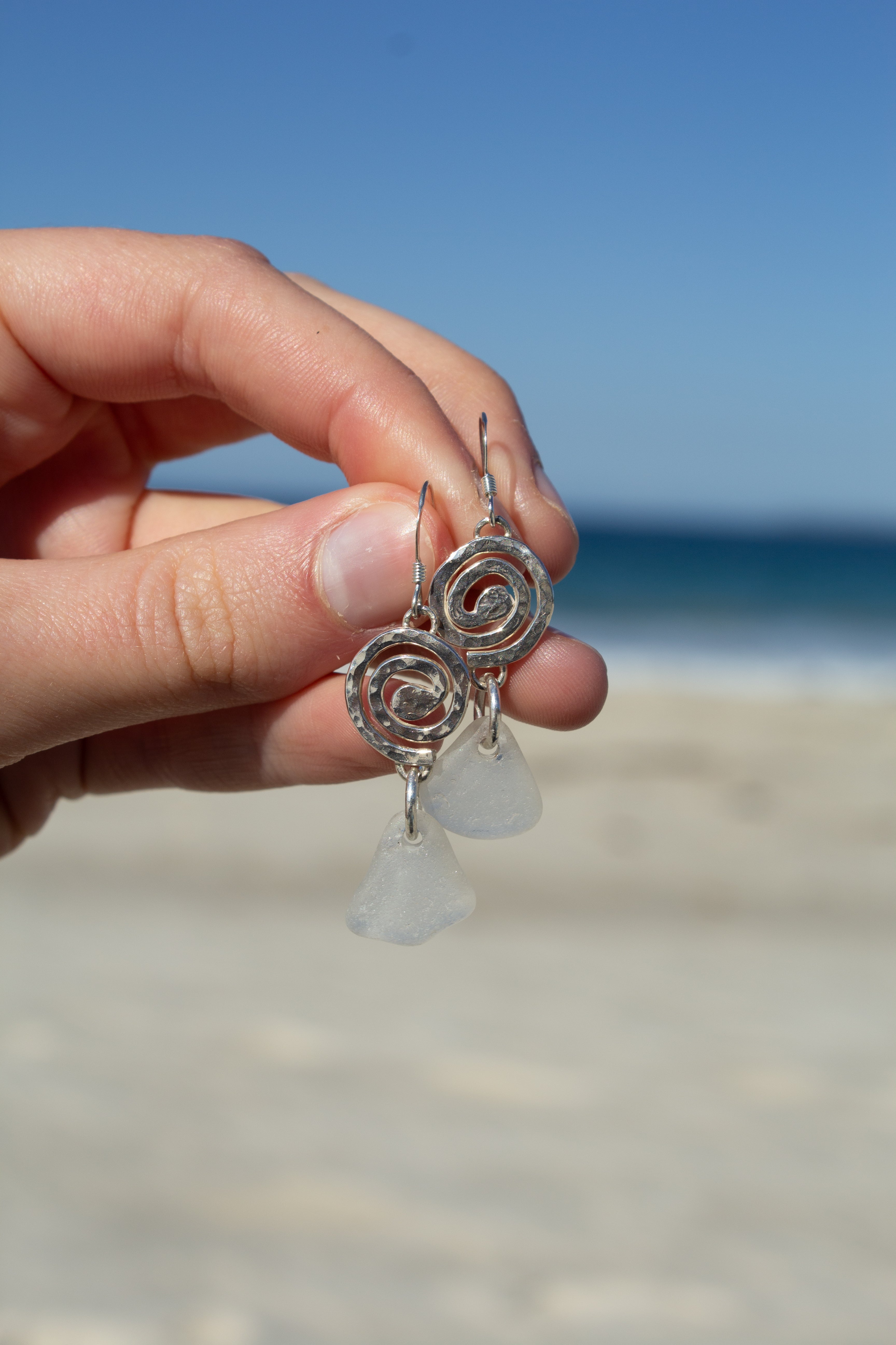 White Seaglass Swirl Earrings￼