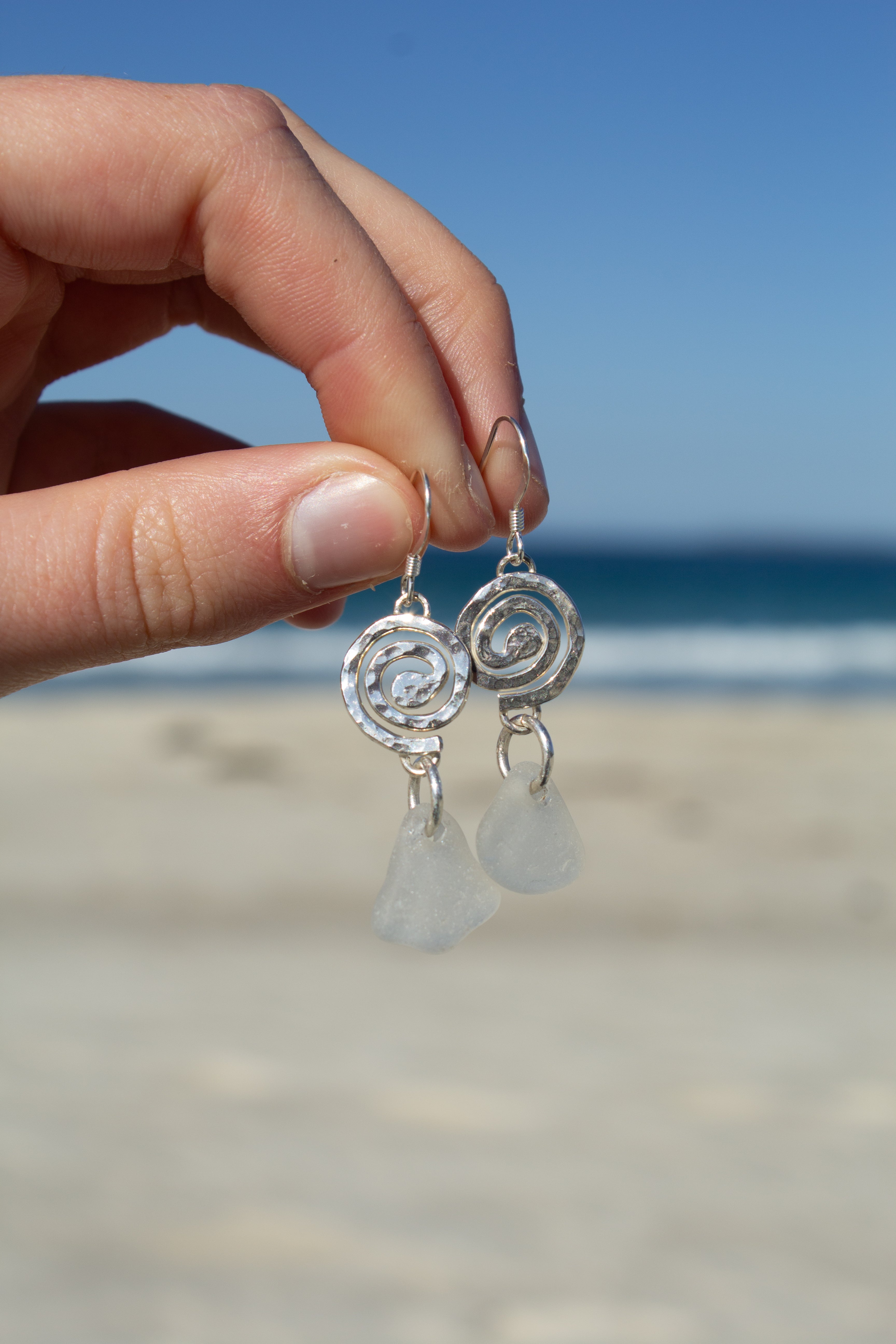 White Seaglass Swirl Earrings￼