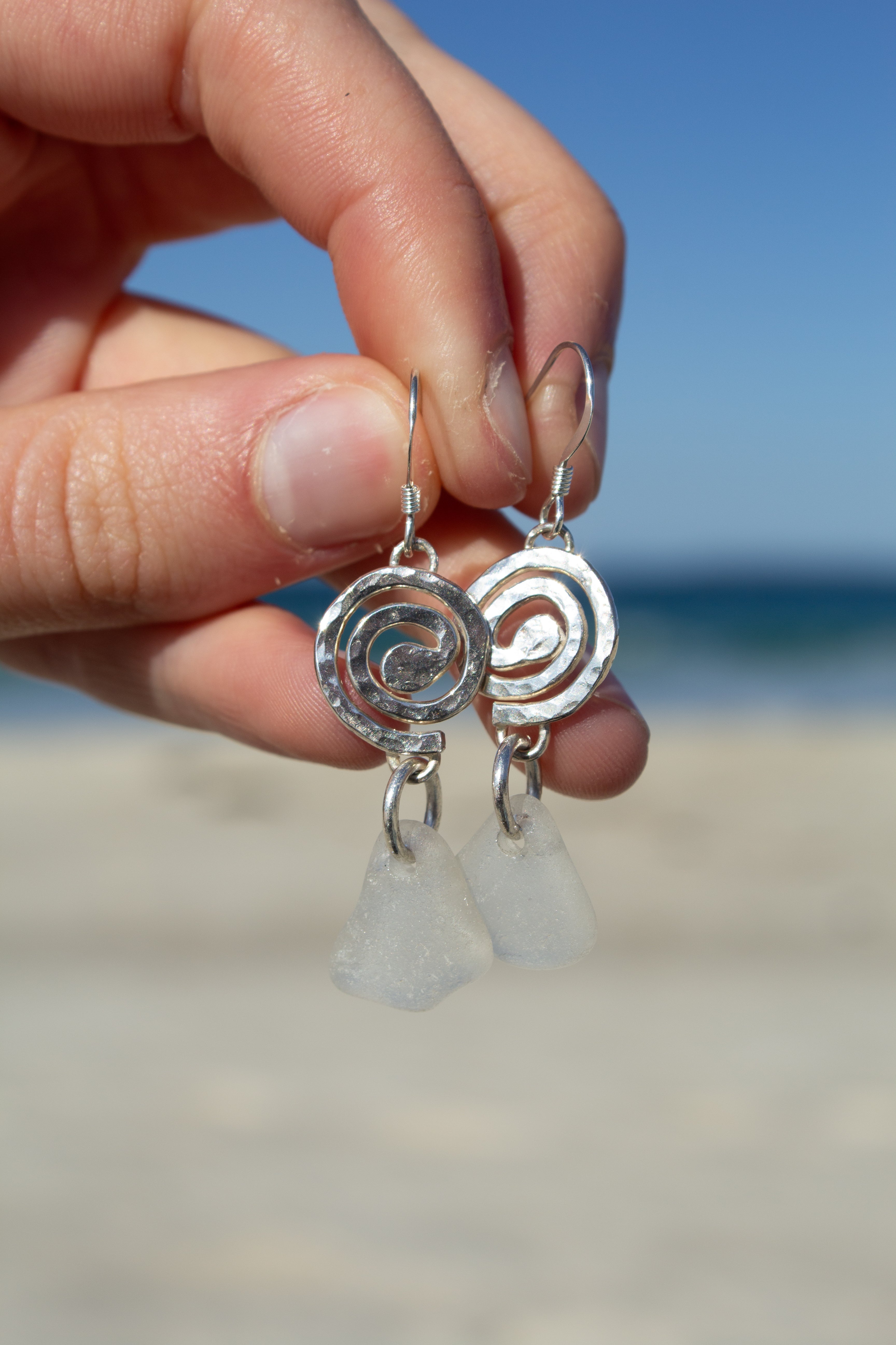 White Seaglass Swirl Earrings￼