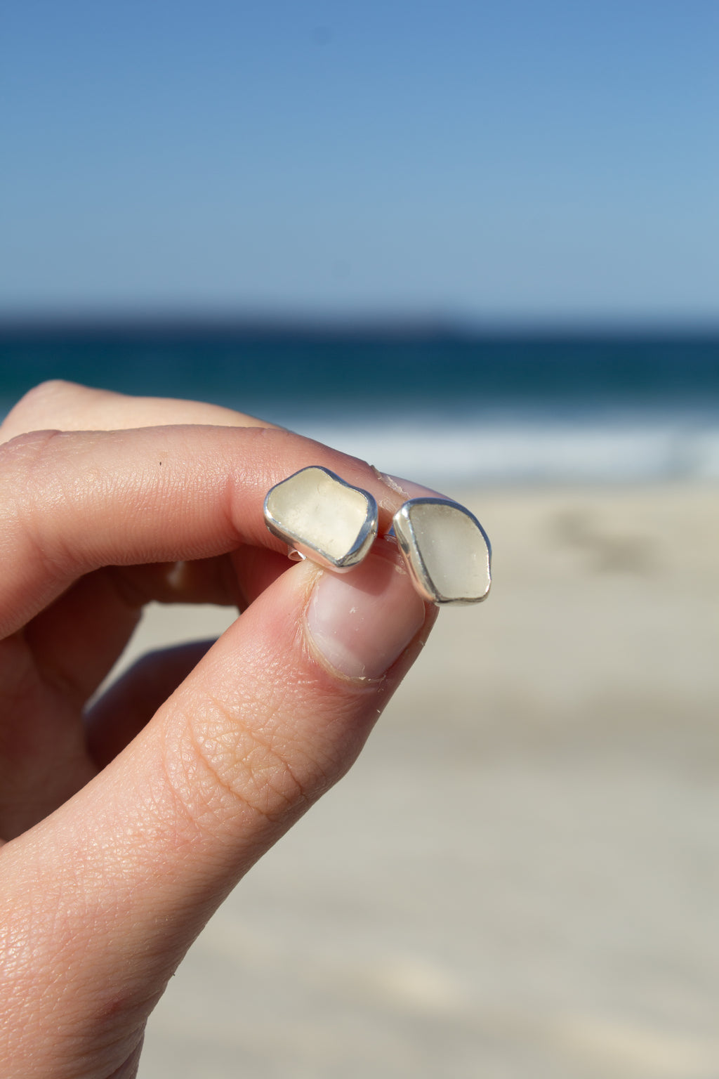 White Seaglass Studs ￼